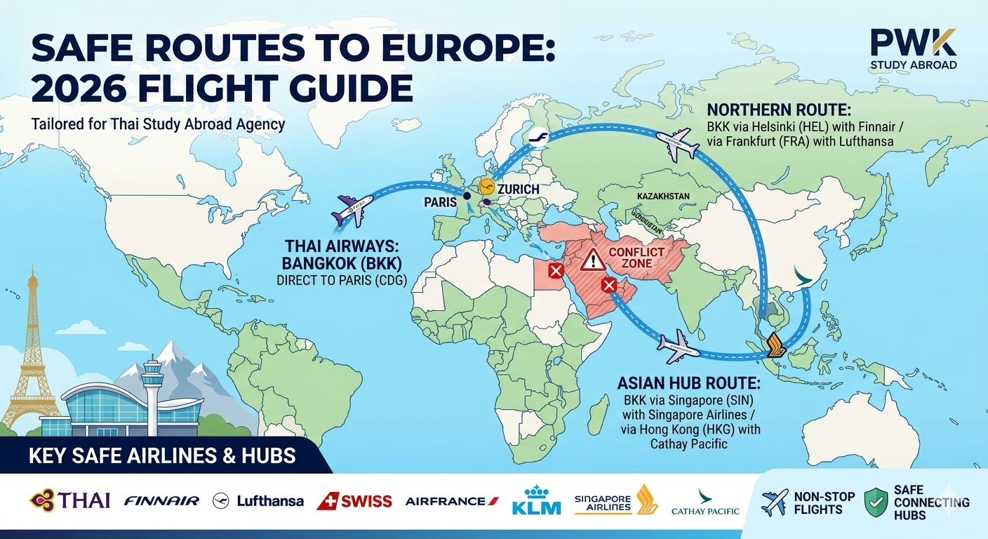 เจาะลึกเส้นทางบินไปยุโรป 2026: บินทางไหนปลอดภัย? และทางเลือก "ไม่แวะพักตะวันออกกลาง"